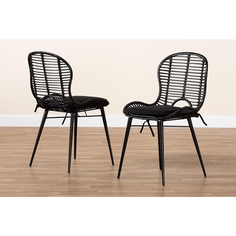 Bohemian Black Finished Rattan and Metal 2-Piece Dining Chair Set. Picture 8