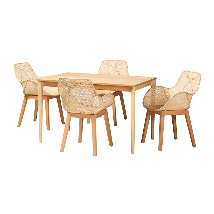 Ballerina Japandi Natural Brown Mahogany Wood and Rattan 5-Piece Dining Set. Picture 1