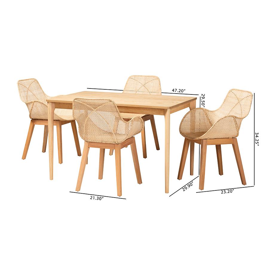 Ballerina Japandi Natural Brown Mahogany Wood and Rattan 5-Piece Dining Set. Picture 10