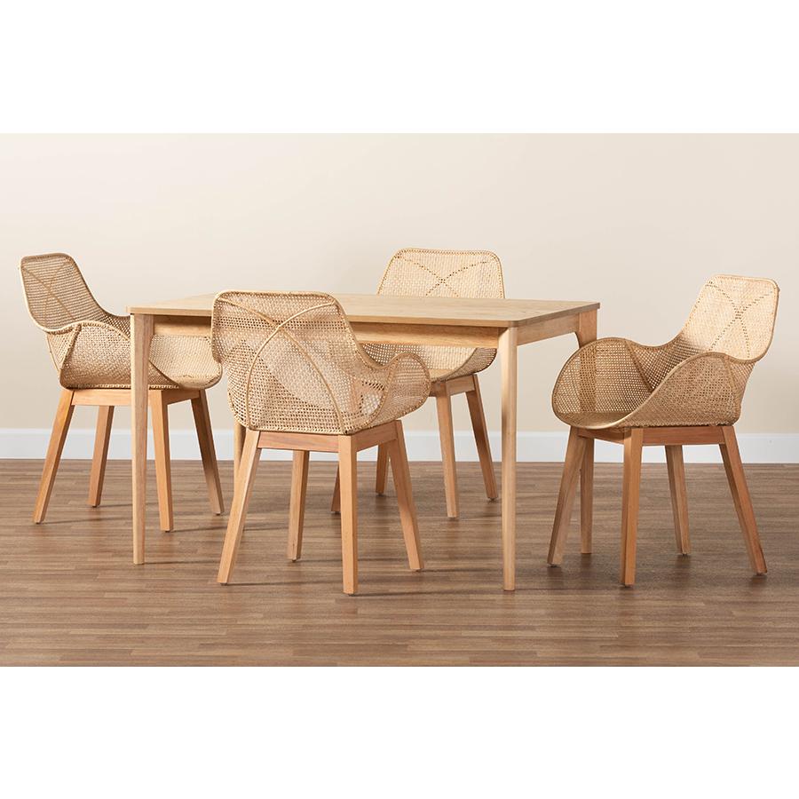 Ballerina Japandi Natural Brown Mahogany Wood and Rattan 5-Piece Dining Set. Picture 9