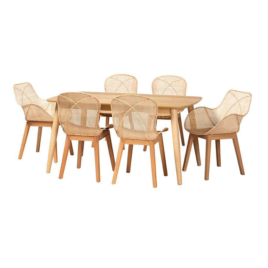 Emmali Modern Bohemian Natural Brown Finished Wood and Rattan 7-Piece Dining Set. Picture 1