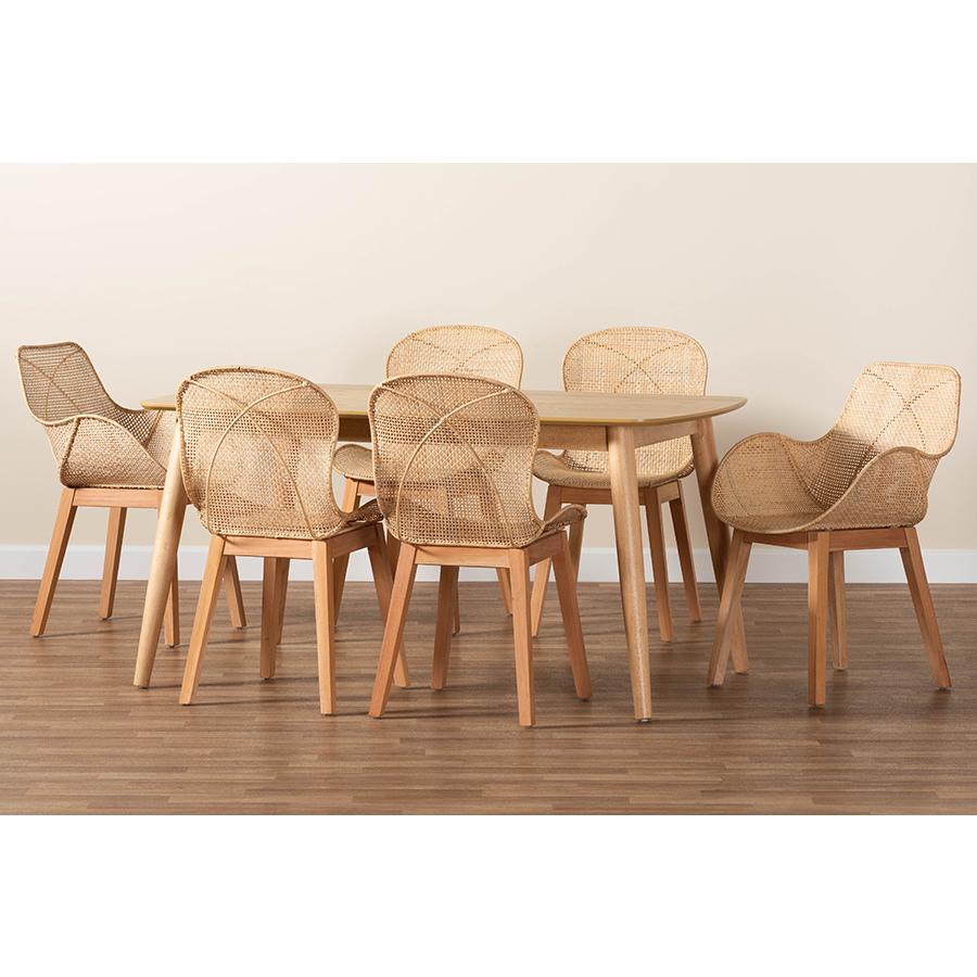 Emmali Modern Bohemian Natural Brown Finished Wood and Rattan 7-Piece Dining Set. Picture 11