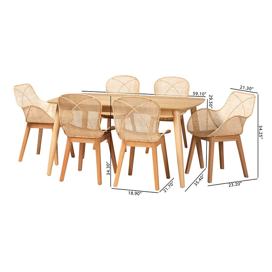 Emmali Modern Bohemian Natural Brown Finished Wood and Rattan 7-Piece Dining Set. Picture 12