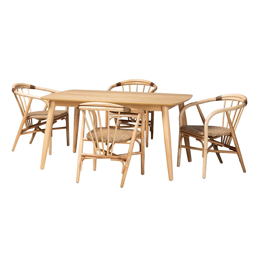 Kyoto Modern Bohemian Natural Brown Finished Wood and Rattan 5-Piece Dining Set. Picture 1