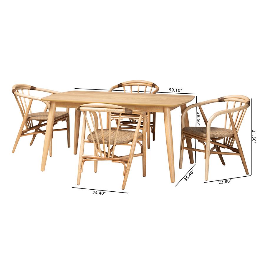 Kyoto Modern Bohemian Natural Brown Finished Wood and Rattan 5-Piece Dining Set. Picture 10