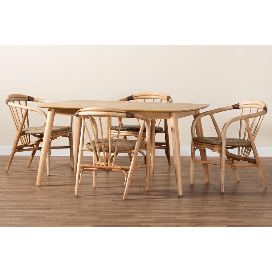 Kyoto Modern Bohemian Natural Brown Finished Wood and Rattan 5-Piece Dining Set. Picture 9