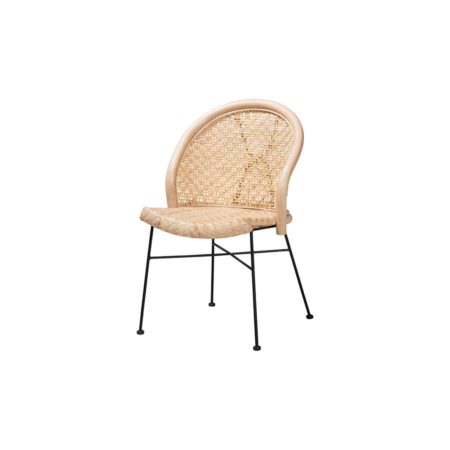 Bohemian Natural Brown Rattan and Black Metal Dining Chair. Picture 1
