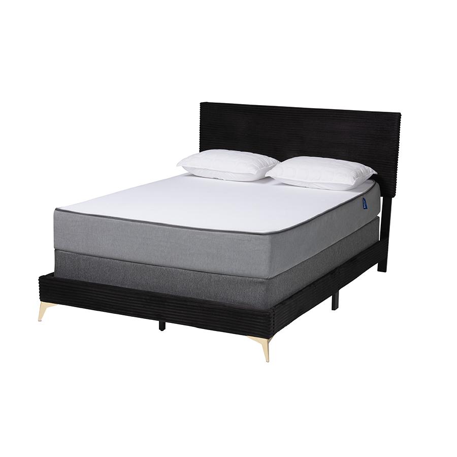 Black Velvet and Gold Metal Queen Size Panel Bed. Picture 1