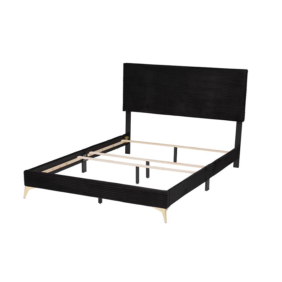 Black Velvet and Gold Metal Queen Size Panel Bed. Picture 3