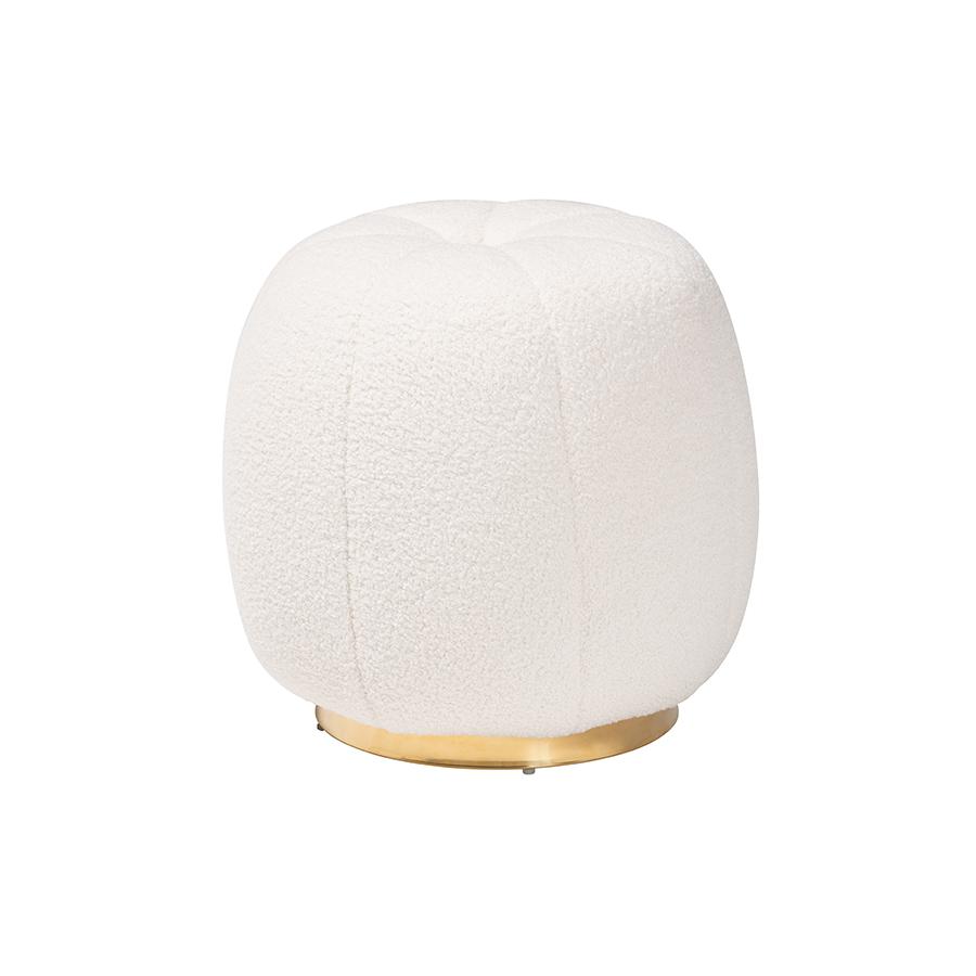 Raelynn Modern and Contemporary Ivory Boucle Upholstered and Gold Metal Ottoman. Picture 1