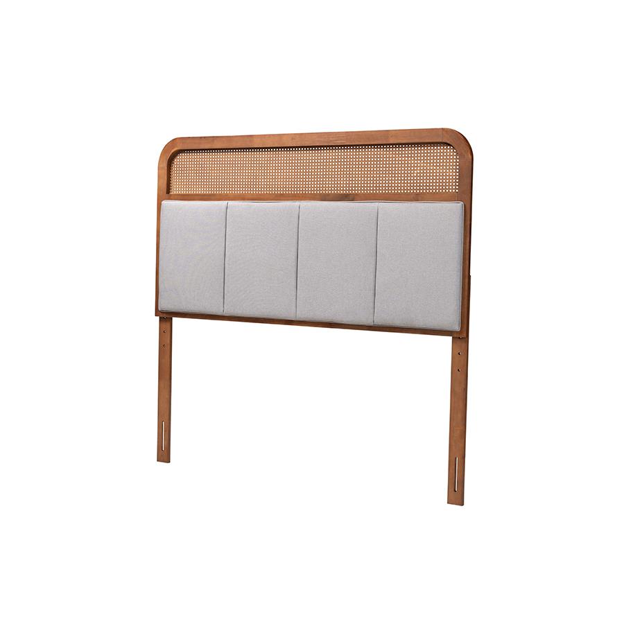 Light Grey Fabric and Ash Walnut Finished Wood King Size Headboard with Rattan. Picture 1