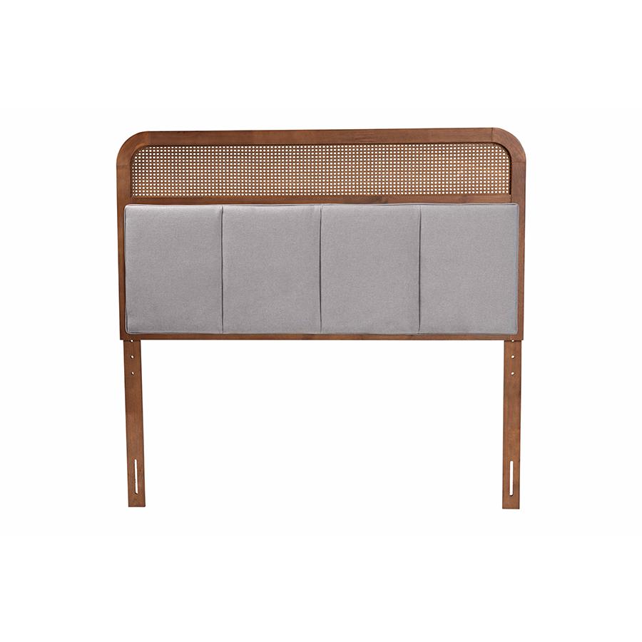 Light Grey Fabric and Ash Walnut Finished Wood King Size Headboard with Rattan. Picture 2