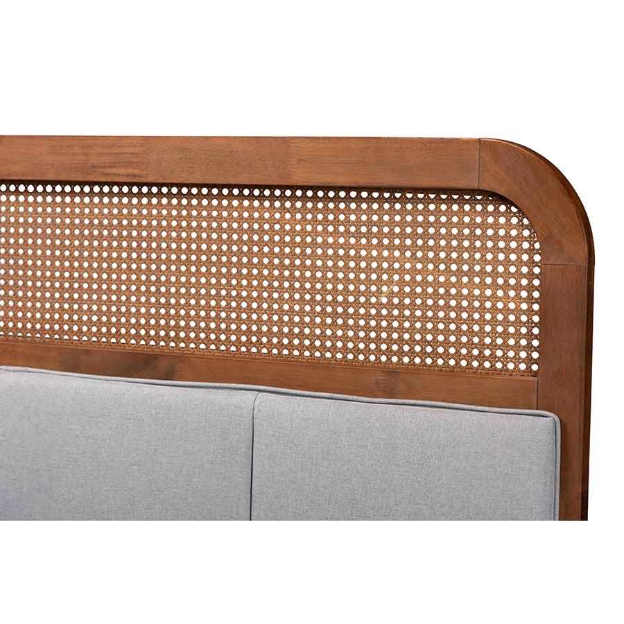 Light Grey Fabric and Ash Walnut Finished Wood King Size Headboard with Rattan. Picture 3