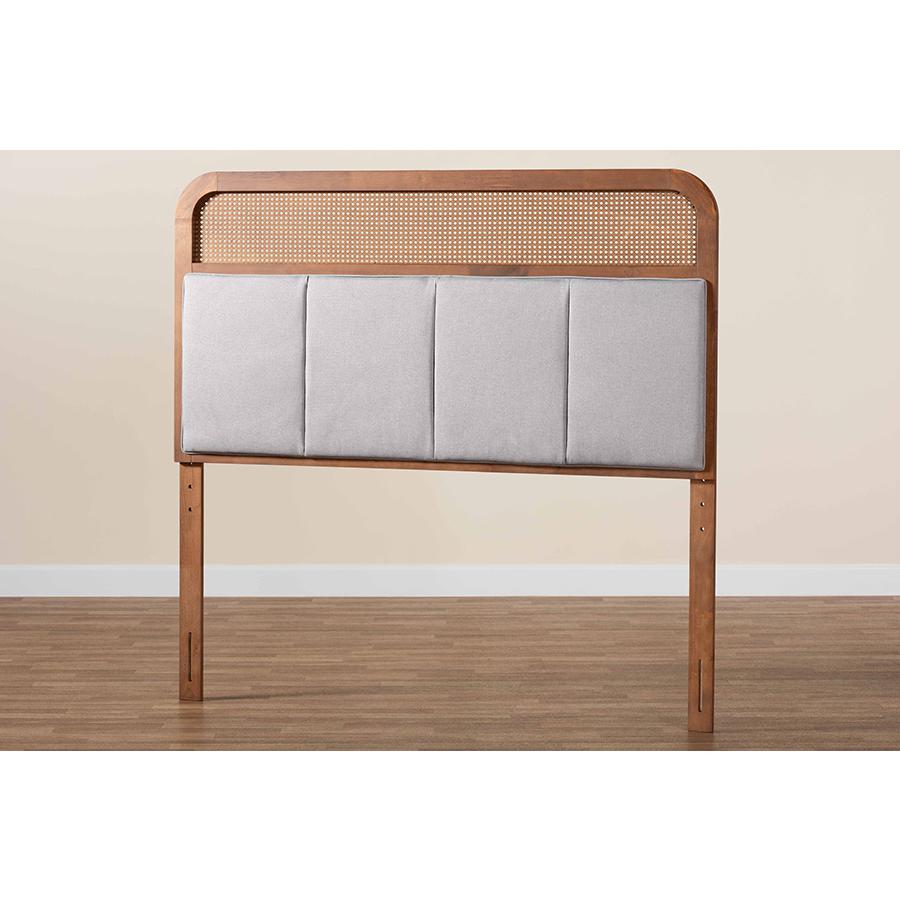 Light Grey Fabric and Ash Walnut Finished Wood King Size Headboard with Rattan. Picture 6