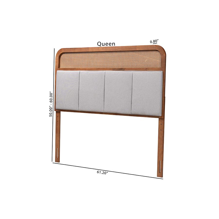 Light Grey Fabric and Ash Walnut Finished Wood King Size Headboard with Rattan. Picture 7