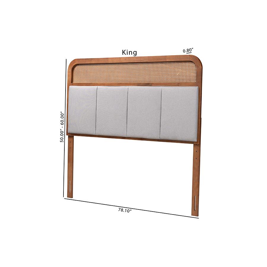 Light Grey Fabric and Ash Walnut Finished Wood King Size Headboard with Rattan. Picture 8