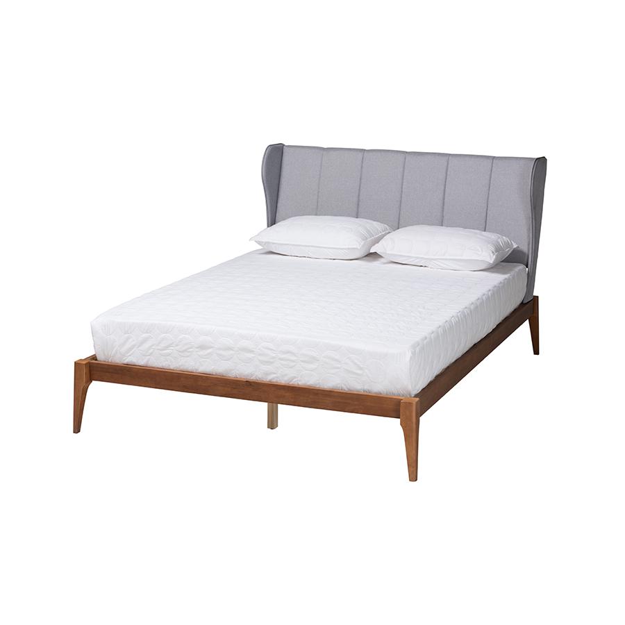 Transitional Light Grey Fabric and Ash Walnut Finished Wood Queen Size Bed. Picture 1