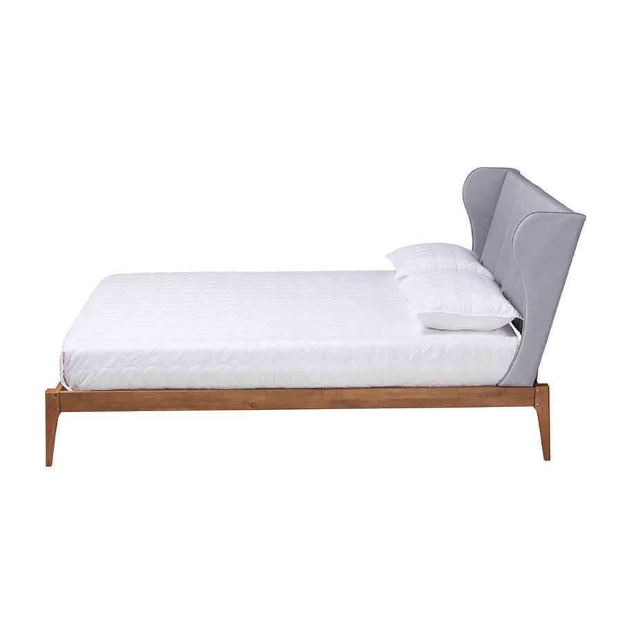 Transitional Light Grey Fabric and Ash Walnut Finished Wood Queen Size Bed. Picture 2