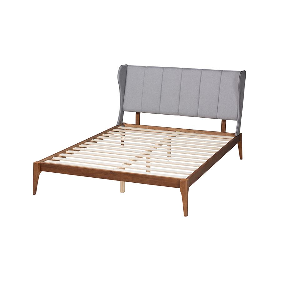 Transitional Light Grey Fabric and Ash Walnut Finished Wood Queen Size Bed. Picture 3