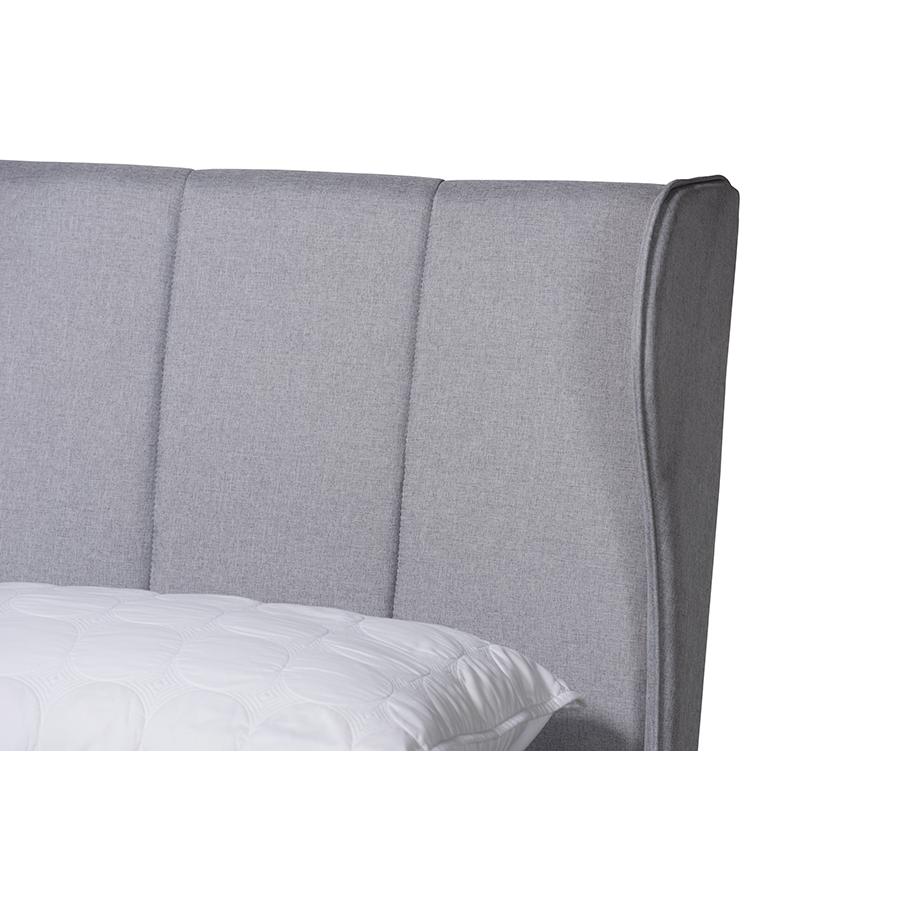 Transitional Light Grey Fabric and Ash Walnut Finished Wood Queen Size Bed. Picture 4