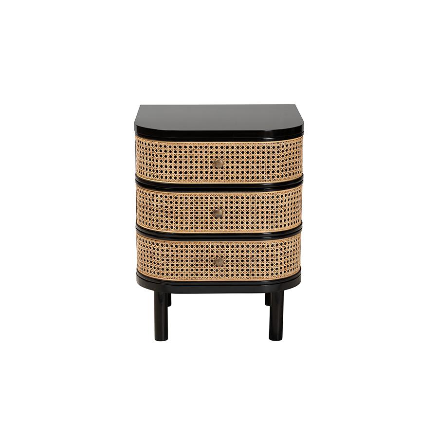 Bohemian Black Bayur Wood and Natural Rattan 3-Drawer End Table Nightstand. Picture 3