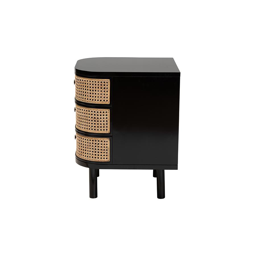 Bohemian Black Bayur Wood and Natural Rattan 3-Drawer End Table Nightstand. Picture 4