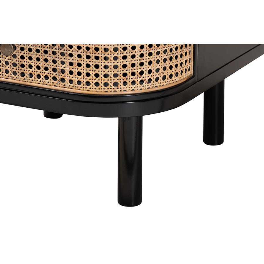 Bohemian Black Bayur Wood and Natural Rattan 3-Drawer End Table Nightstand. Picture 6