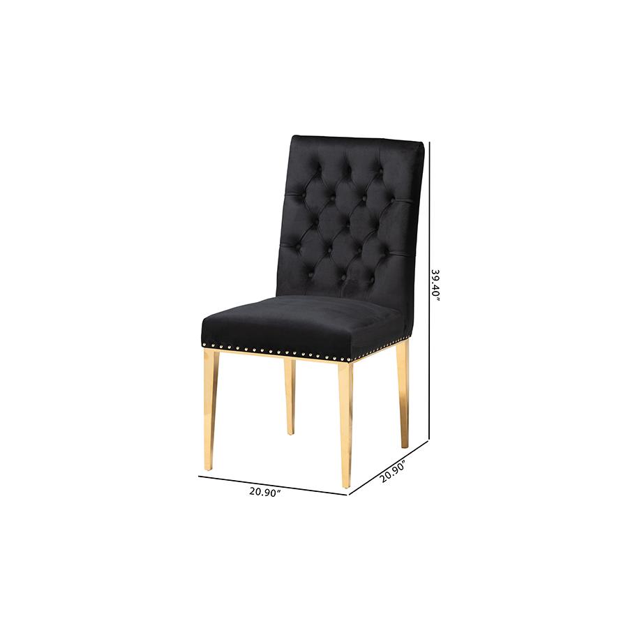 Glam and Luxe Black Velvet Fabric and Gold Metal 2-Piece Dining Chair Set. Picture 10