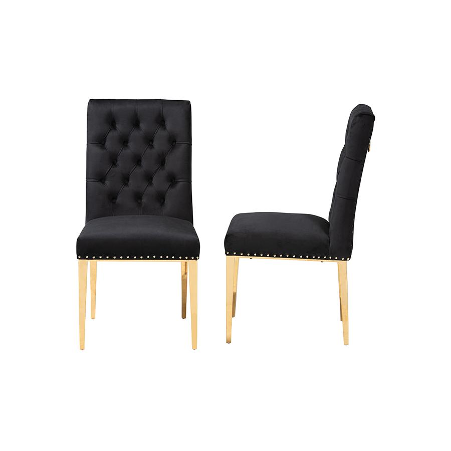 Glam and Luxe Black Velvet Fabric and Gold Metal 2-Piece Dining Chair Set. Picture 3