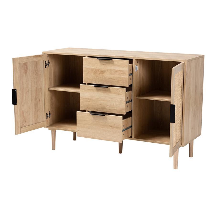 Natural Brown Finished Wood and Natural Rattan 3-Drawer Sideboard. Picture 2