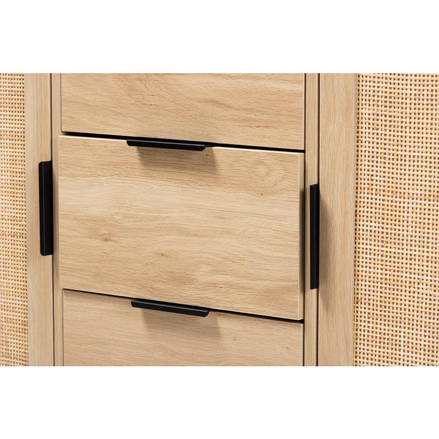Natural Brown Finished Wood and Natural Rattan 3-Drawer Sideboard. Picture 5