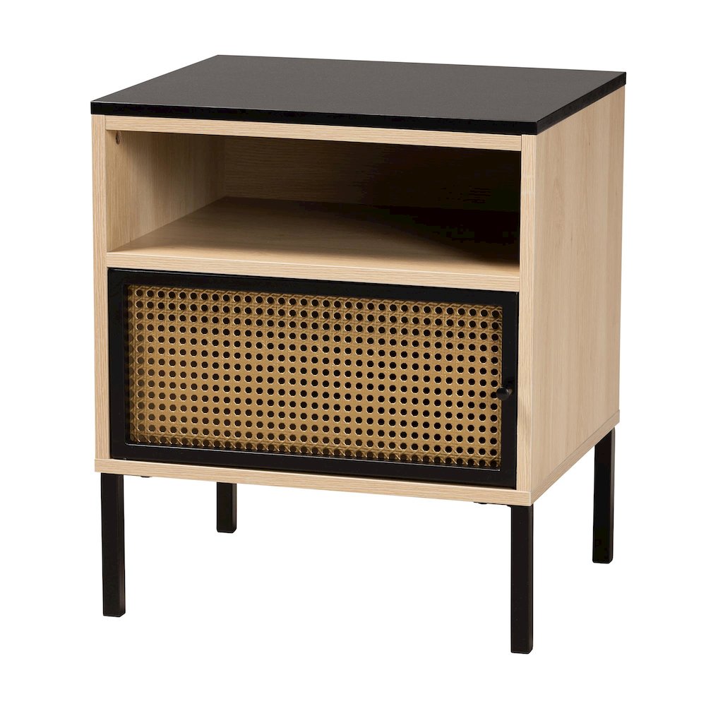 Two-Tone Black and Gold Metal and Light Brown Finished Wood 1-Door End Table. Picture 1