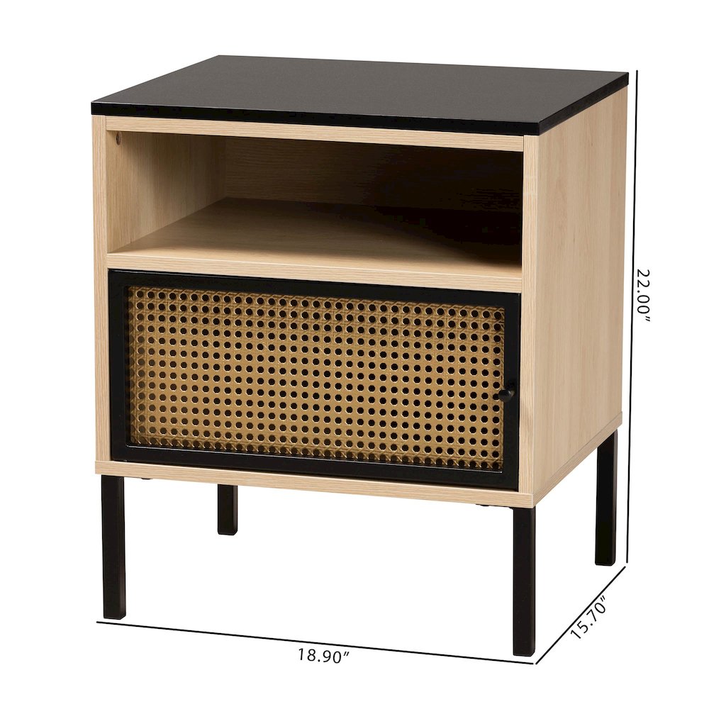 Two-Tone Black and Gold Metal and Light Brown Finished Wood 1-Door End Table. Picture 10