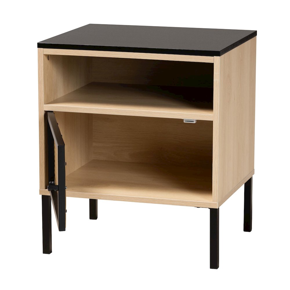 Two-Tone Black and Gold Metal and Light Brown Finished Wood 1-Door End Table. Picture 2
