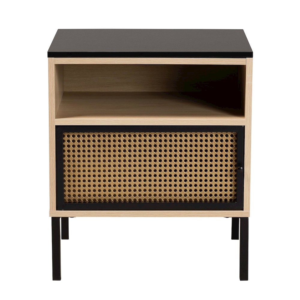 Two-Tone Black and Gold Metal and Light Brown Finished Wood 1-Door End Table. Picture 3