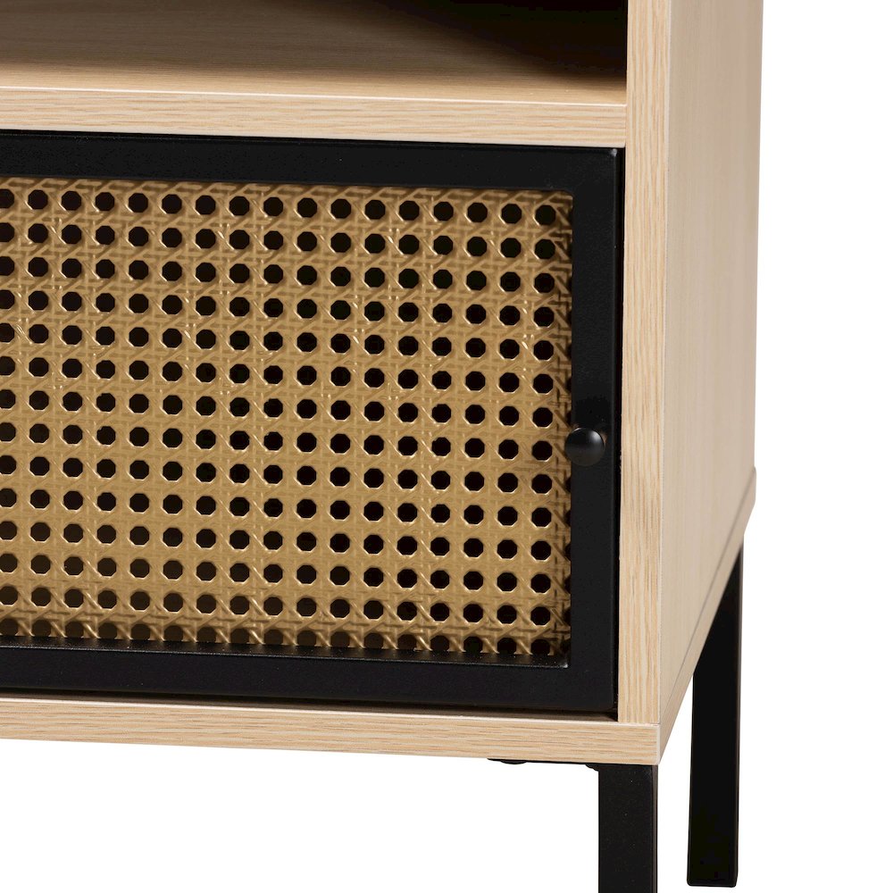 Two-Tone Black and Gold Metal and Light Brown Finished Wood 1-Door End Table. Picture 5