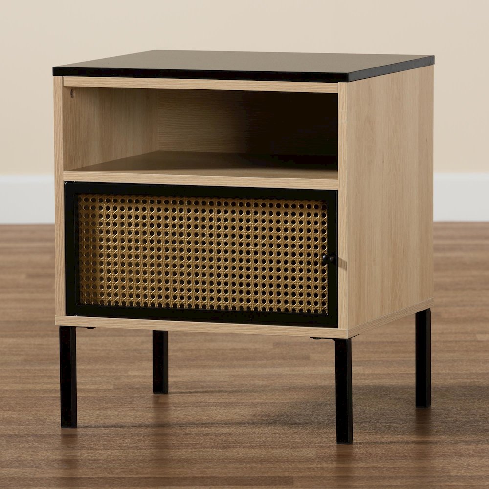 Two-Tone Black and Gold Metal and Light Brown Finished Wood 1-Door End Table. Picture 9
