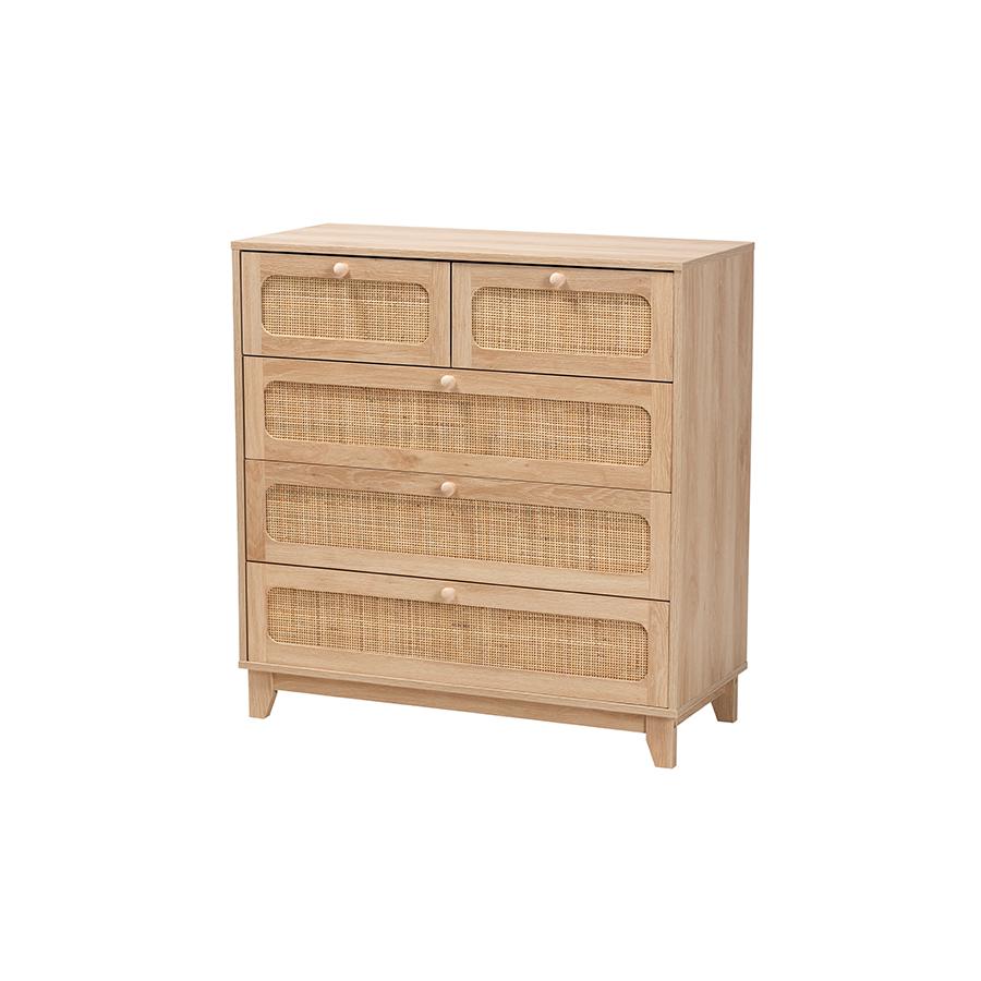 Oak Brown Finished Wood and Natural Rattan 5-Drawer Storage Cabinet. Picture 1