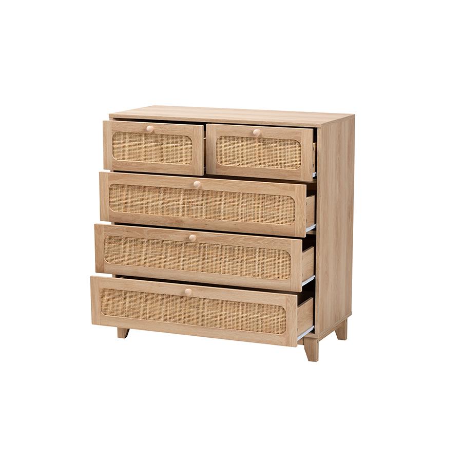 Oak Brown Finished Wood and Natural Rattan 5-Drawer Storage Cabinet. Picture 2