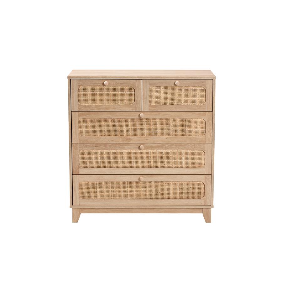 Oak Brown Finished Wood and Natural Rattan 5-Drawer Storage Cabinet. Picture 3
