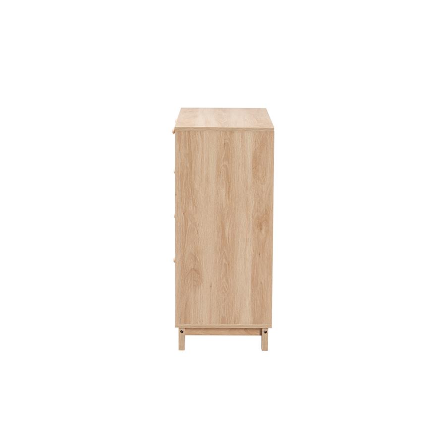 Oak Brown Finished Wood and Natural Rattan 5-Drawer Storage Cabinet. Picture 4