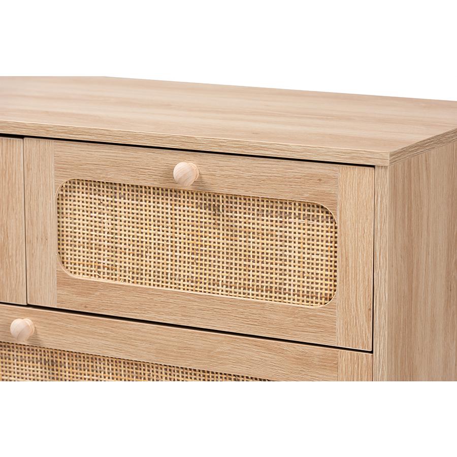Oak Brown Finished Wood and Natural Rattan 5-Drawer Storage Cabinet. Picture 5