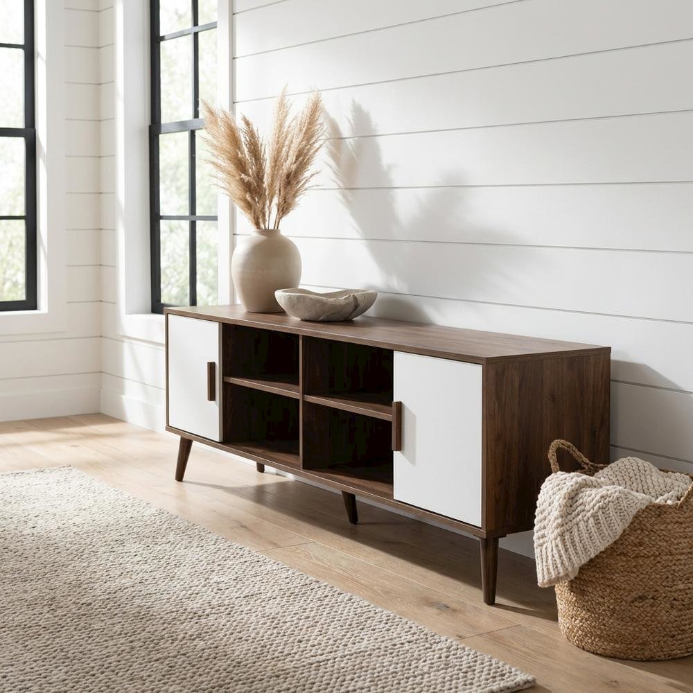 Modern Two-Tone White and Walnut Finishes TV Stand with Wooden Frame. Picture 2