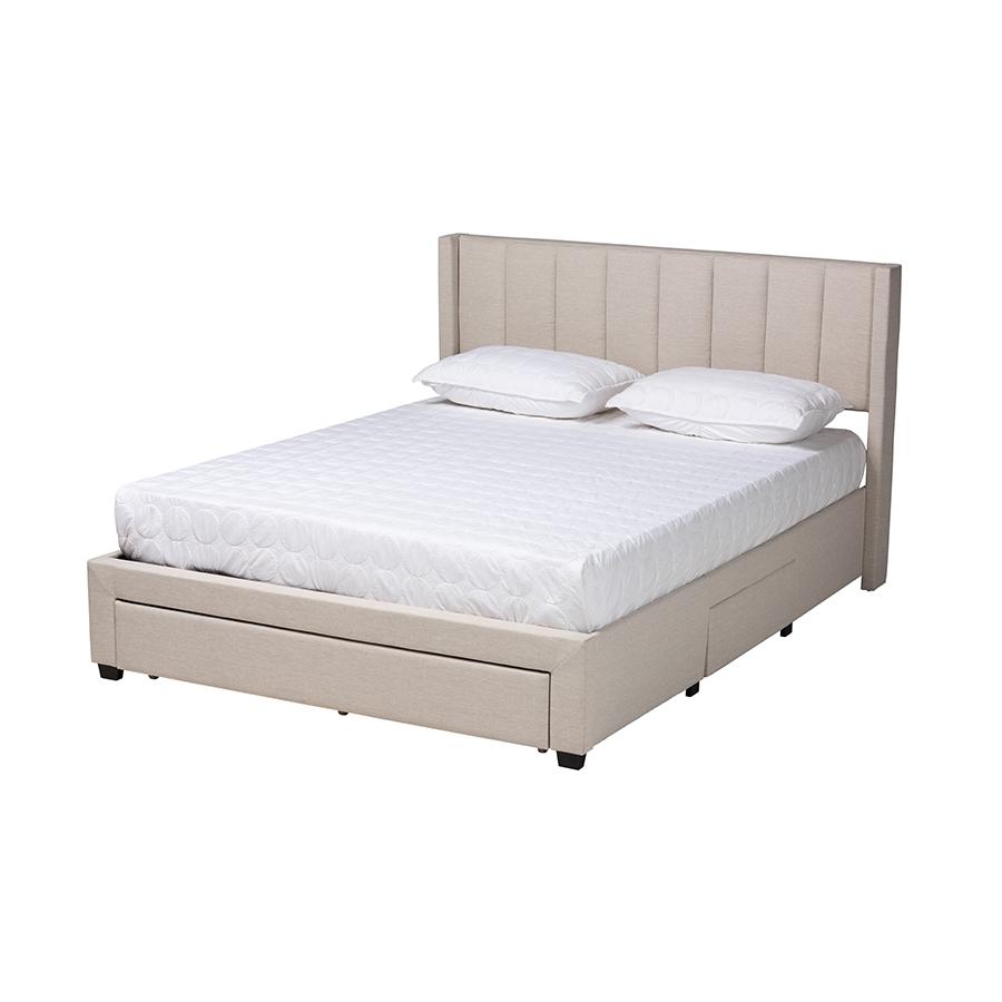 Transitional Beige Fabric Full Size 3-Drawer Storage Platform Bed. Picture 1