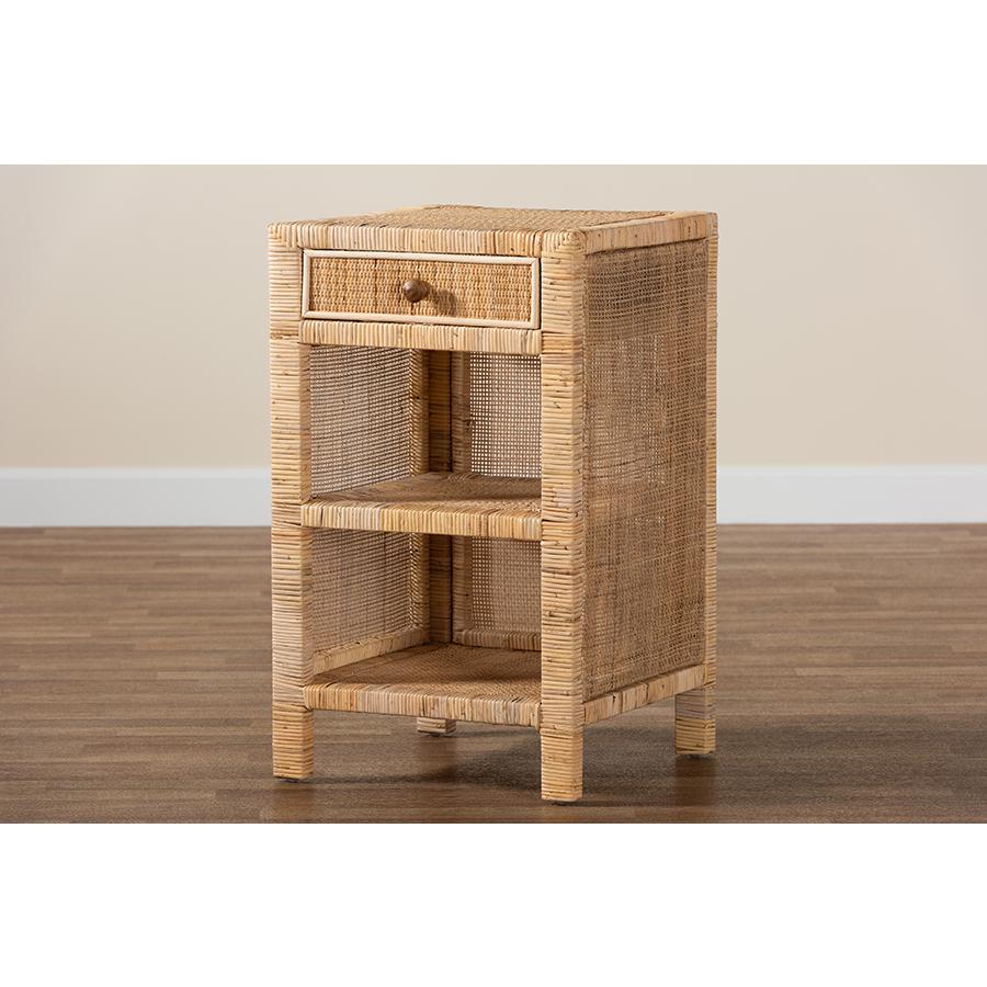 Bohemian Natural Brown Mahogany Wood and Natural Rattan 1-Drawer Nightstand. Picture 10