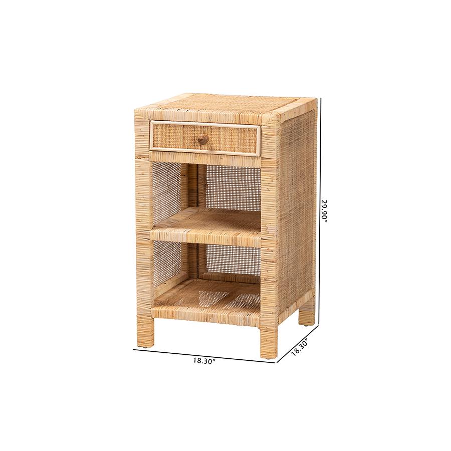 Bohemian Natural Brown Mahogany Wood and Natural Rattan 1-Drawer Nightstand. Picture 11