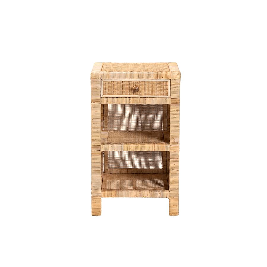 Bohemian Natural Brown Mahogany Wood and Natural Rattan 1-Drawer Nightstand. Picture 3