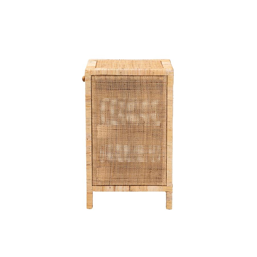 Bohemian Natural Brown Mahogany Wood and Natural Rattan 1-Drawer Nightstand. Picture 4