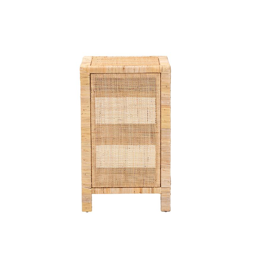 Bohemian Natural Brown Mahogany Wood and Natural Rattan 1-Drawer Nightstand. Picture 5
