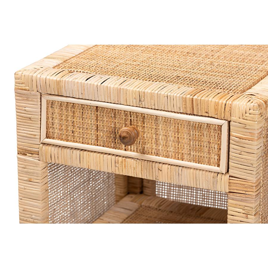 Bohemian Natural Brown Mahogany Wood and Natural Rattan 1-Drawer Nightstand. Picture 6
